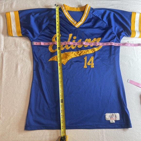 Harv-al tag Edison Baseball jersey size XL extra large Blue Yellow #14 Clean VTG - Picture 4 of 12